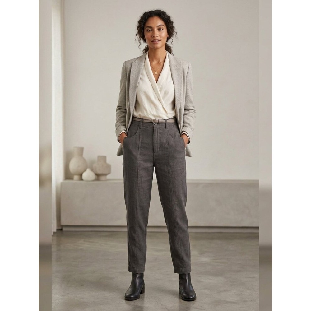 Wrap London ZL94 Charcoal Grey 100% Linen Tapered Seam Front Trousers US 8